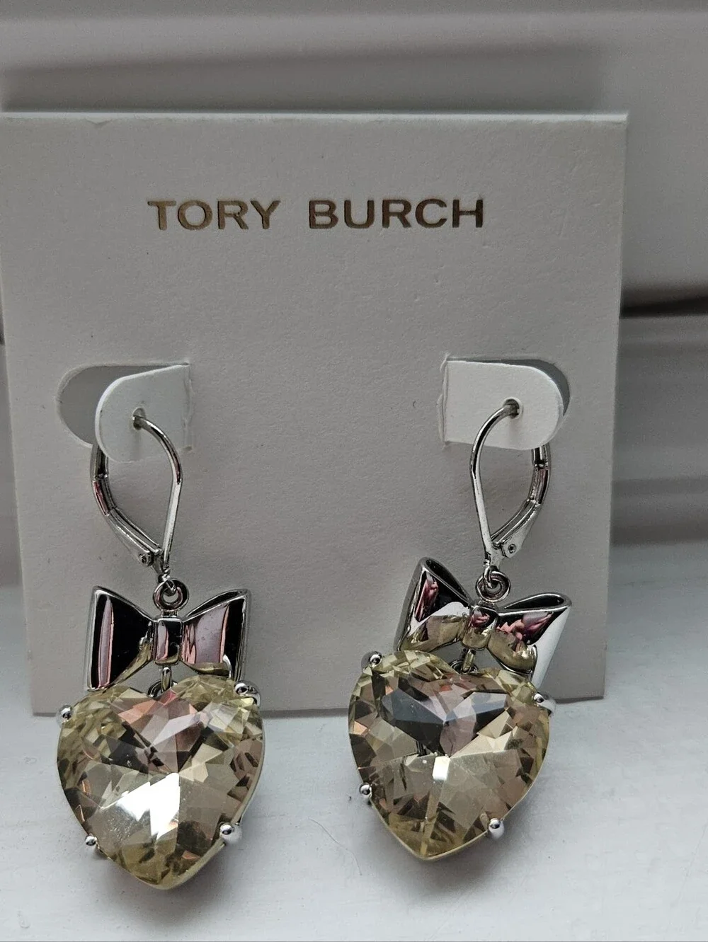 Tory Burch Silver Bow Drop Earrings with Pale Yellow Heart Crystals